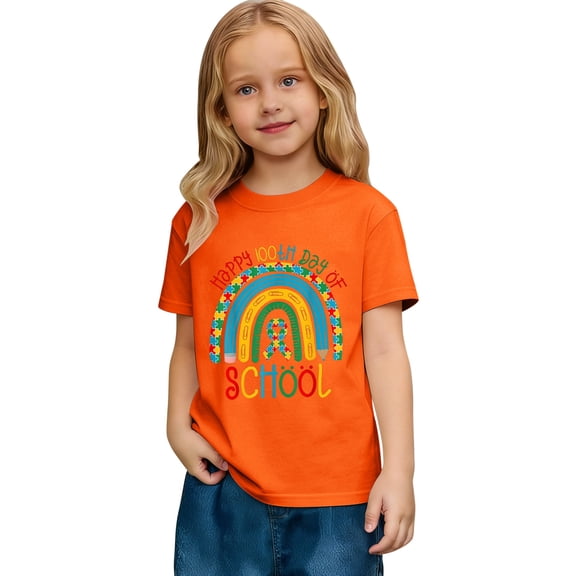 Tiweut T Shirts for Children Cute Rainbow 100th Day of School Summer Top Orange