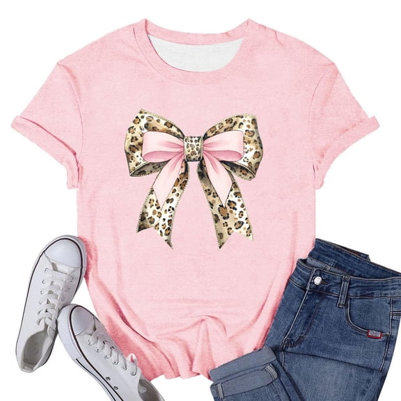 Tiweut T Shirts for Women Bow Printed Short Sleeve Stretch Basic Pullover Outerwear,S