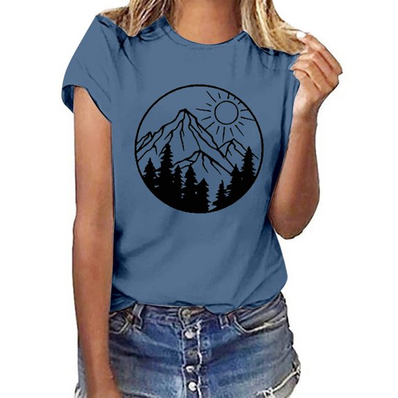 Tiweut T Shirts for Women Crew Neck Graphic Short Sleeve Loose Pullover Top,Navy