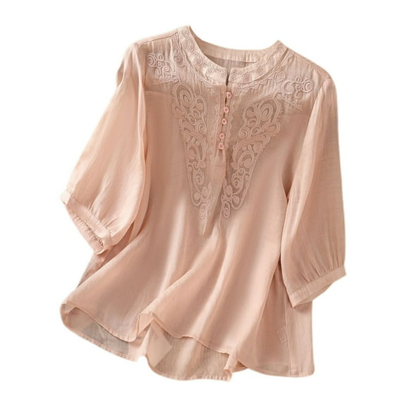 Tiweut T Shirts for Women Elegant Embroidery Design Short Sleeve Basic Pullover Streetwear,Pink