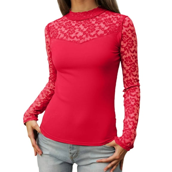 Tiweut T Shirts for Women Long Sleeve Solid Color Round Neck Lace Y2K Slim Pullover Tees,Red