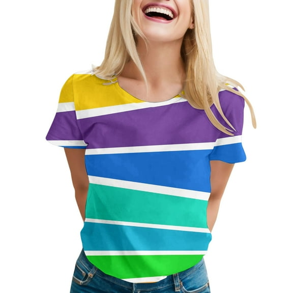 Tiweut T Shirts for Women Rainbow Printed Short Sleeve Crew Neck Summer Shirts for Ladies Size XXL