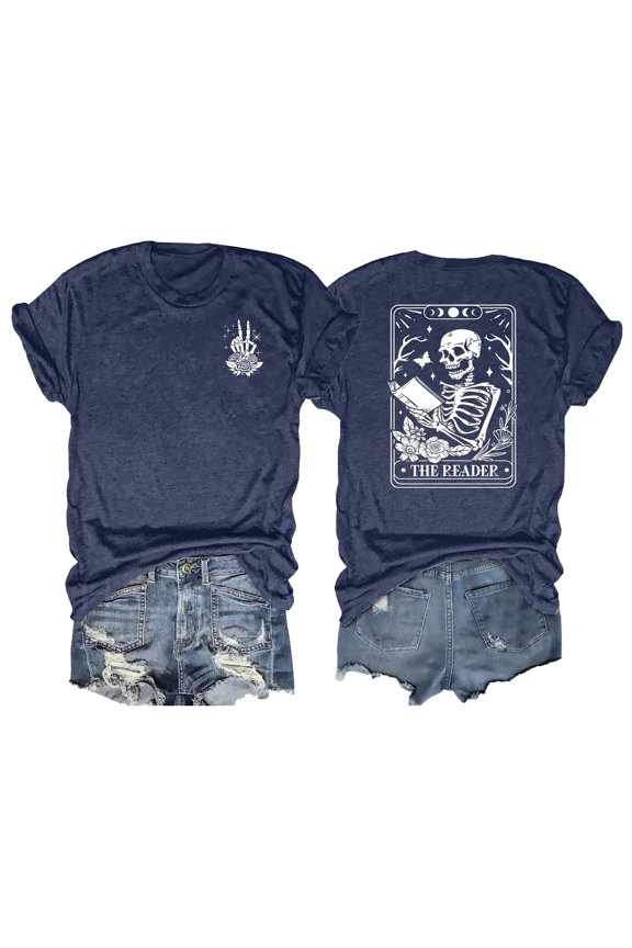 T Shirts for Women Short Sleeve Skeleton Printed Crew Neck Loose Pullover Outerwear,Navy