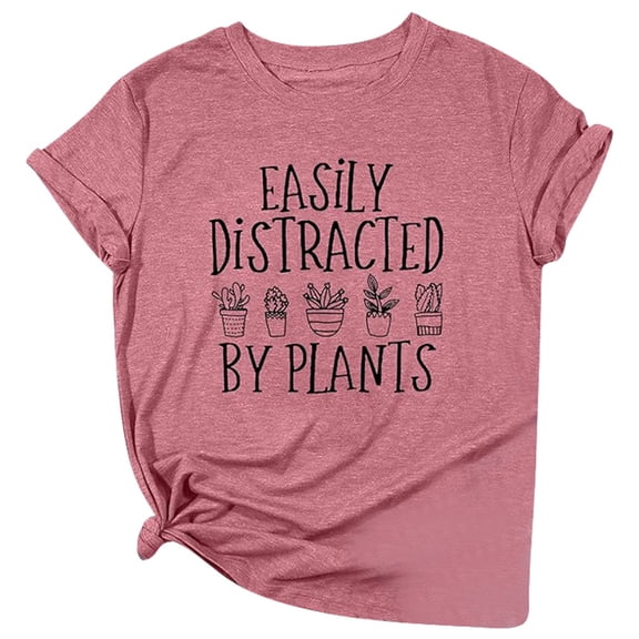 Tiweut T-Shirts for Women Summer English Printed Short Sleeve Loose Pullover Top,Pink