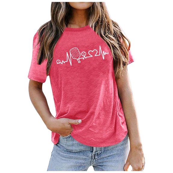 Tiweut T-Shirts for Women Summer Letter Print Colored Short Sleeve Loose Pullover Streetwear,Hot Pink