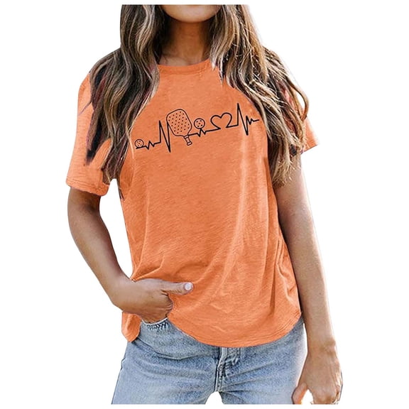 Tiweut T-Shirts for Women Summer Letter Print Colored Short Sleeve Loose Pullover Streetwear,Orange