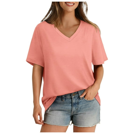 Tiweut T Shirts for Women V Neck Short Sleeve Summer Loose Fit 2025 Solid Color Shirts for Ladies Pink