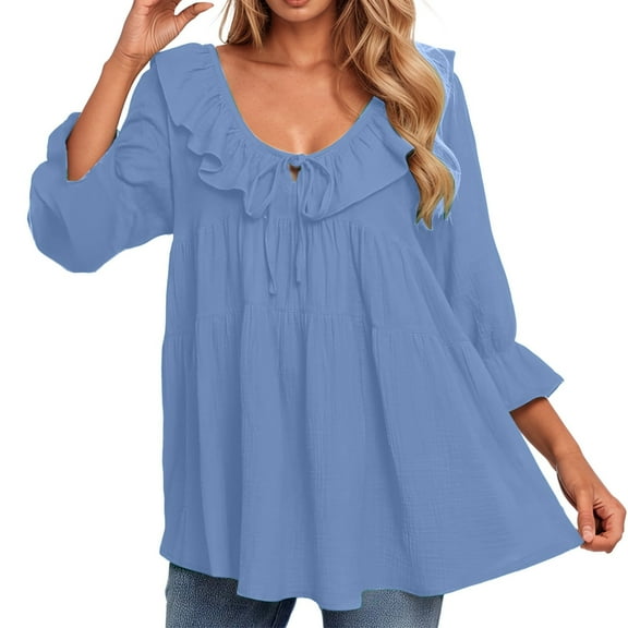 Tiweut T Shirts for Womens Plus Size Everyday Wear V Neck Long Sleeve Design Loose Fit Pullover Blouses,Blue,S