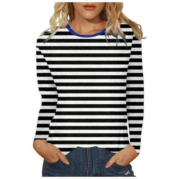 Tiweut T Shirts for Womens Striped Long Sleeve Round Neck Comfortable & Stylish Loose Fit Pullover Relaxed Fit Tops,Black,S