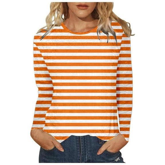 Tiweut T Shirts for Womens Striped Long Sleeve Round Neck Comfortable & Stylish Loose Fit Pullover Relaxed Fit Tops,Orange,M
