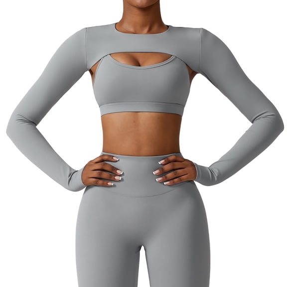 Tiweut T Shirts for Womens YOGA Long Sleeve Crew Neck Fall Basic Tight Fitted Pullover Regular Blouses,Grey,M