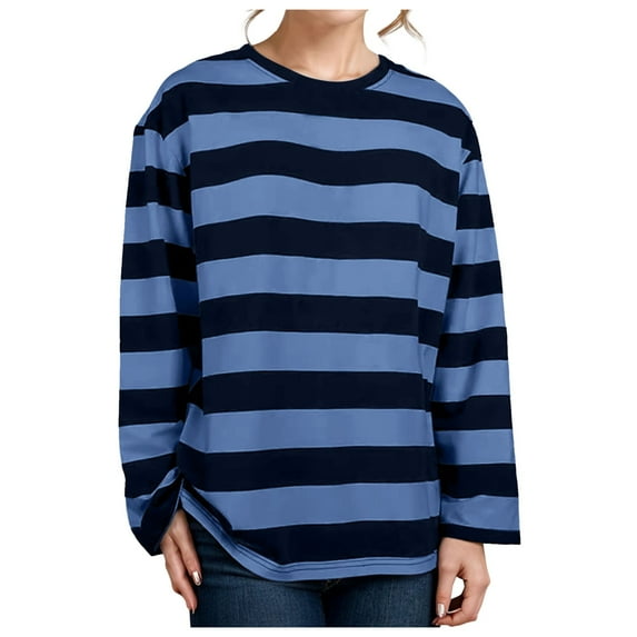 Tiweut Tops for Women Striped Long Sleeve Bottoming Wear Korean Loose Larges In the Spring And Fall Ladies Shirts,Z1 Blue,M