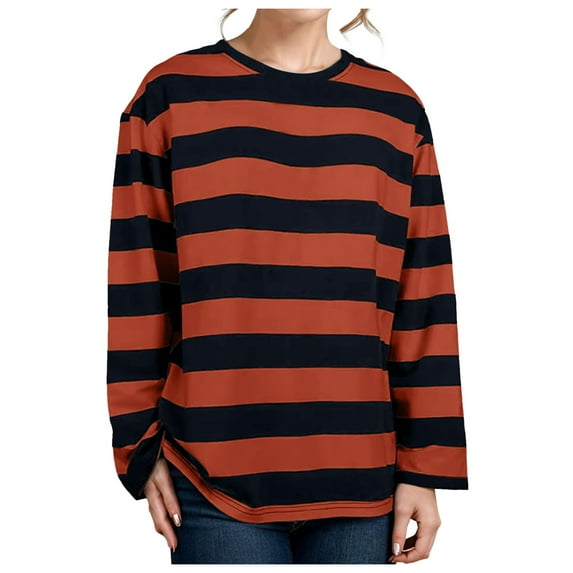 Tiweut Tops for Women Striped Long Sleeve Bottoming Wear Korean Loose Larges In the Spring And Fall Ladies Shirts,Z1 Orange,L