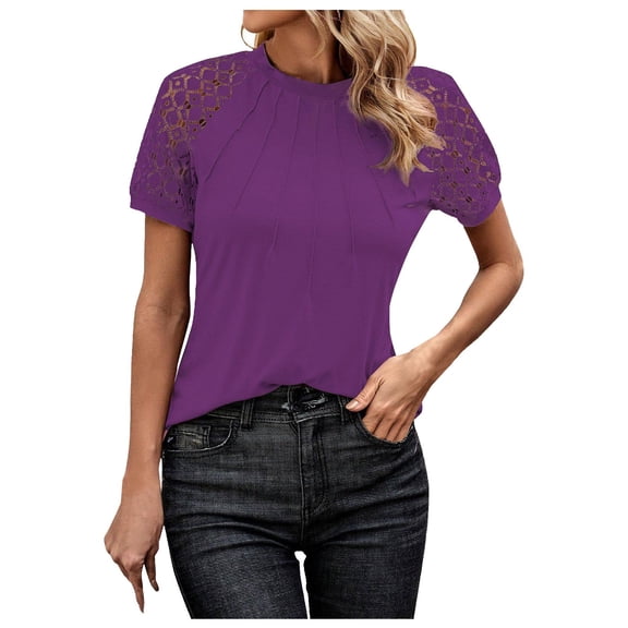 Tiweut Tops for Women Trendy Fashion Lace Short Sleeve Crew Neck Summer Ladies Shirts Purple