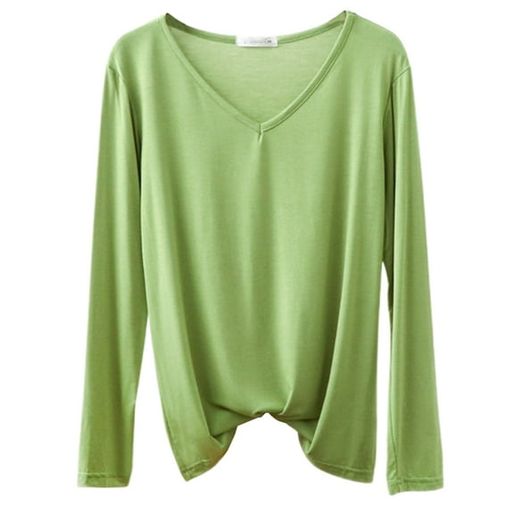 Tiweut Tshirt for Womens Long Sleeve Loose Fit Basic V Neck Solid Color Pullover Tees,Green