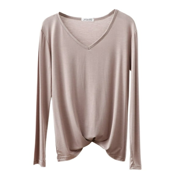 Tiweut Tshirt for Womens Long Sleeve Loose Fit Basic V Neck Solid Color Pullover Tees,Khaki