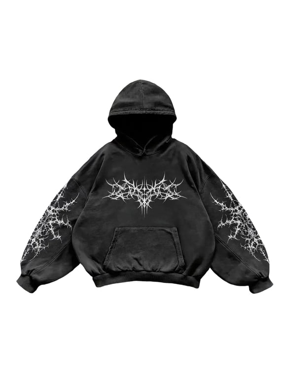 Unisex Y2K retro punk digital printed casual hoodie, American Gothic dark pullover fashionable hoodie,White,L