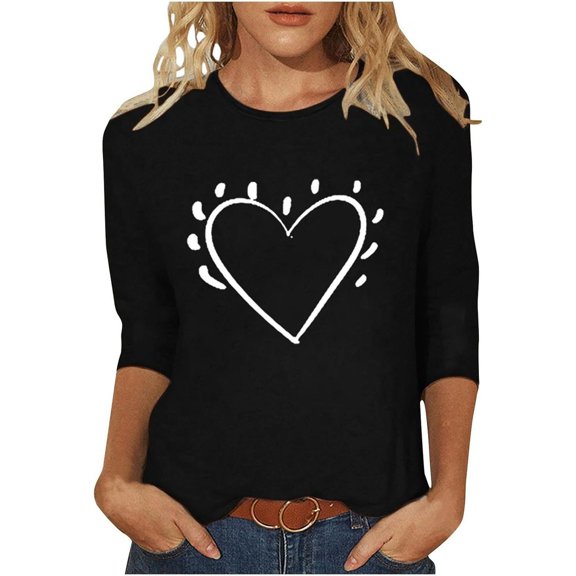 Tiweut Valentine Day T Shirts for Women 3/4 Sleeve Tunic Tops Love Heart Holiday Tops,Black