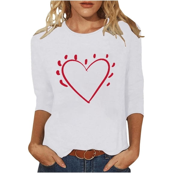 Tiweut Valentine Day T Shirts for Women 3/4 Sleeve Tunic Tops Love Heart Holiday Tops,White