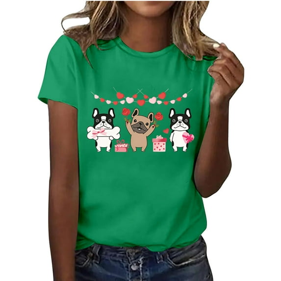 Tiweut Valentine's Shirts for Women Dog Graphic Cartoon Cute Short Sleeve Pullover Tops Crewneck Trendy Holiday Casual Tshirts,A-Green,L