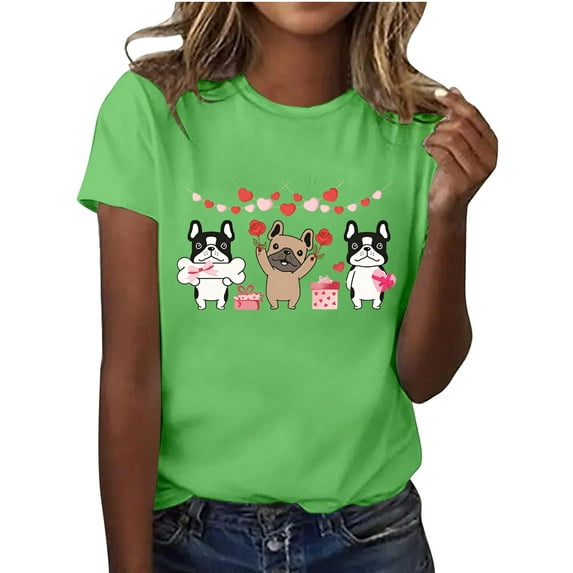 Tiweut Valentine's Shirts for Women Dog Graphic Cartoon Cute Short Sleeve Pullover Tops Crewneck Trendy Holiday Casual Tshirts,A-Light Green,2XL