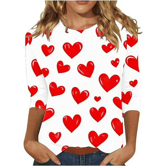 Tiweut Valentines Shirts for Women Trendy 2026 Cute Love Heart Print Tunic Tops Plus Size Casual Summer 3/4 Sleeve Blouses,B-White,2XL