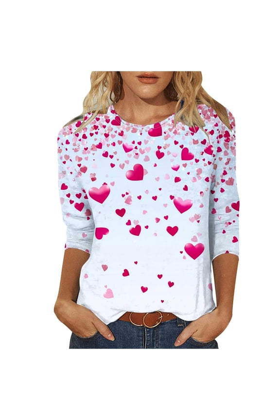 Valentines Shirts for Women Trendy 2026 Cute Love Heart Print Tunic Tops Plus Size Casual Summer 3/4 Sleeve Blouses,J-White,2XL