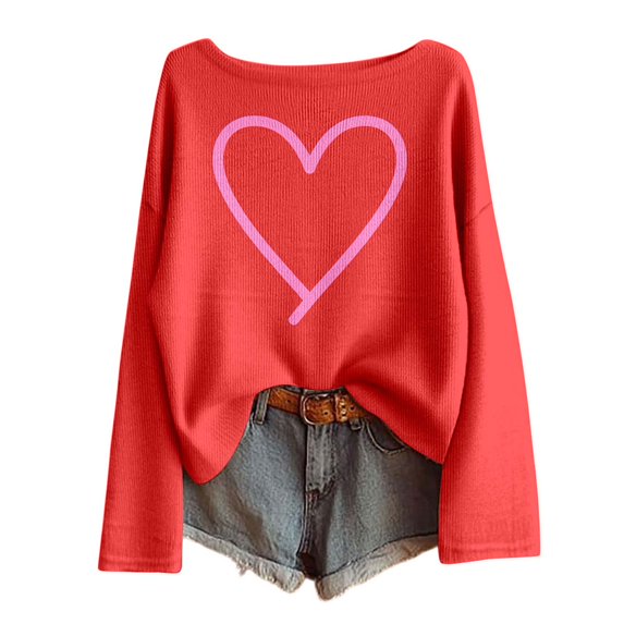 Tiweut Valentines Sweater Women Loose Cute Heart Love Knitted Top Casual Romantic Crewneck Long Sleeve Pullover