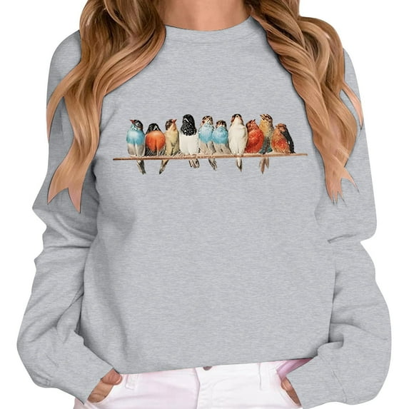 Tiweut Vintage Birds Sweatshirt Gift for Women Casual Long Sleeve Tshirt Cute Bird Lover Gifts Pullover Tee Tops,Grey,L