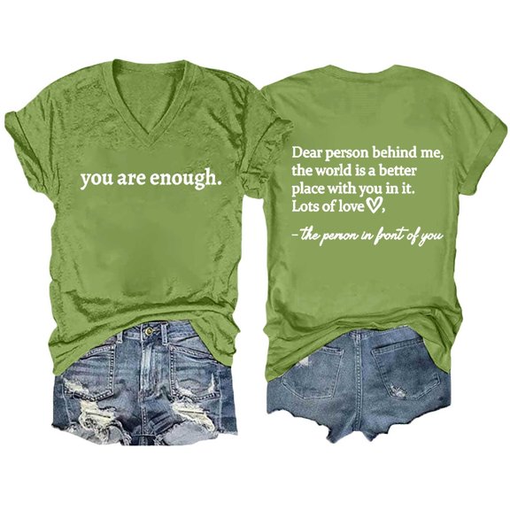 Tiweut Woman Tshirts Summer Letter Printed V Neck Short Sleeve Pullover Tee,Green