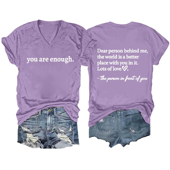 Tiweut Woman Tshirts Summer Letter Printed V Neck Short Sleeve Pullover Tee,Light Purple