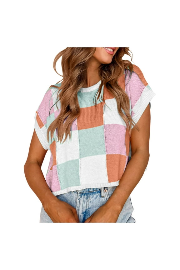 Women Blouses Casual Tops Cap Sleeve Crop Summer Color Block Crew Neck Knit Trendy Loose Fit Classic Fit Ladies Tees Pink