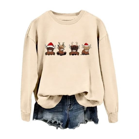Tiweut Women Blouses Hoodies Fall and Winter Christmas Floral Printed Drop Long Sleeve Pullover Sweatshirt Round Neck Classic Fit Blouse Beige,L