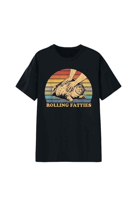 Women Blouses Short Slee Round Neck Fatties Cat Rolling Funny Graphic Print T-Shirt for Ladies,Black,L