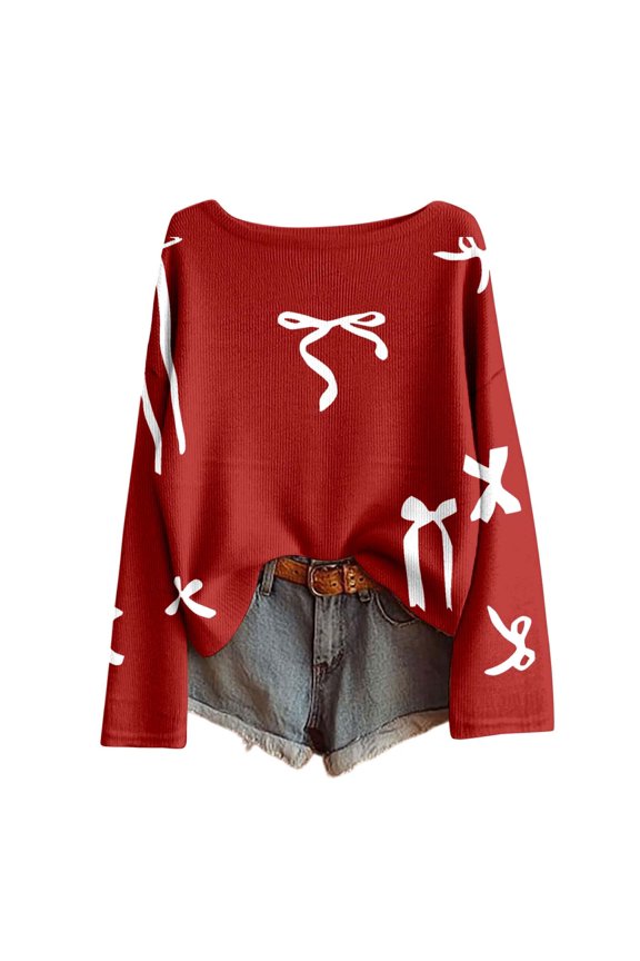 Women Bow Sweater Casual Crew Neck Long Sleeve Pullover Sweaters y2k Lightweight Knitted Jumper Tops Winter Clothing,Red,M