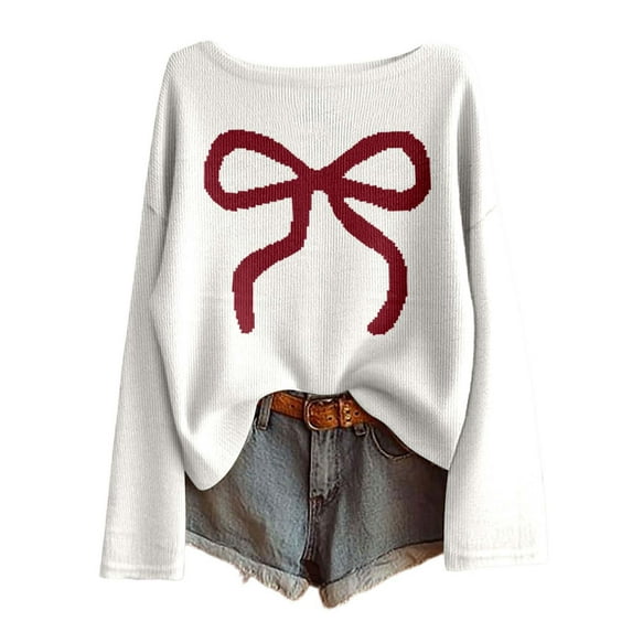 Tiweut Women Bow Sweater Casual Crew Neck Long Sleeve Pullover Sweaters y2k Lightweight Knitted Jumper Tops Winter Clothing,White,2XL