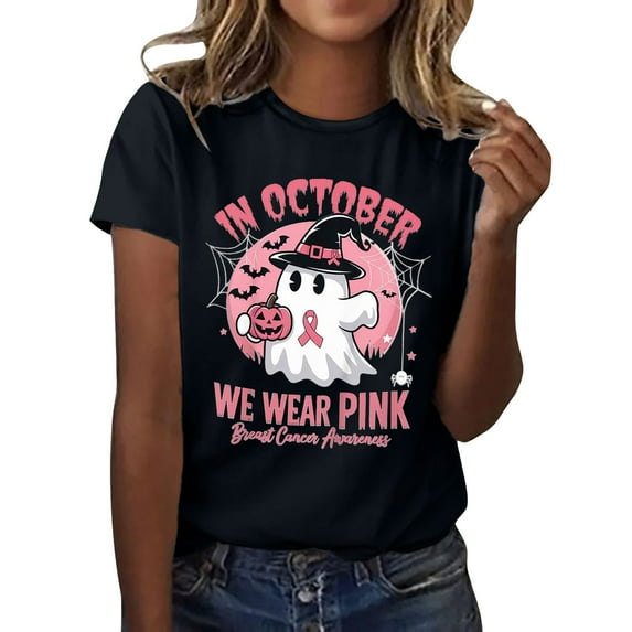 Tiweut Women Casual Blouses 2025 Halloween Short Sleeve Round Neck Graphic Cute Print Loose Fit Regular Tshirt Black,L