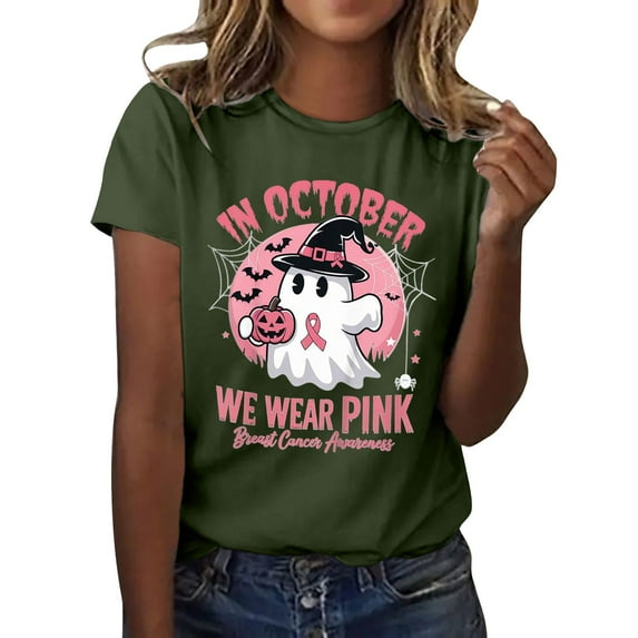 Tiweut Women Casual Blouses 2025 Halloween Short Sleeve Round Neck Graphic Cute Print Loose Fit Regular Tshirt Green,S