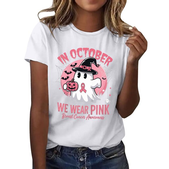 Tiweut Women Casual Blouses 2025 Halloween Short Sleeve Round Neck Graphic Cute Print Loose Fit Regular Tshirt White,S