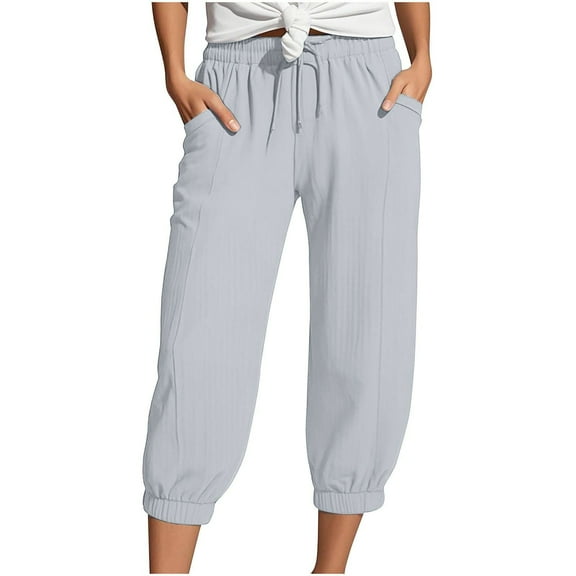 Tiweut Women Casual Capris Pants Fashion Elastic Waist Straight Leg High Waist Sports Loose Fit Regular Trousers Grey S