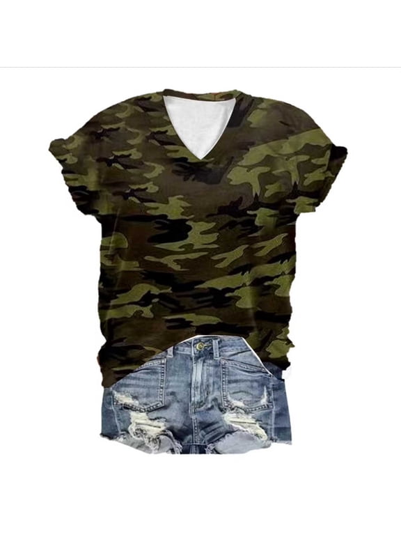 Women Casual T-Shirts Como Print Short Sleeve V Neck Loose Pullover Blouse,Multicolour