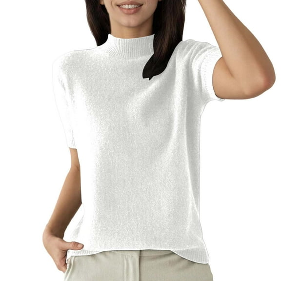 Tiweut Women Casual T-Shirts Knit Pullover Basic Crew Neck Short Sleeve Stretch Outerwear,White