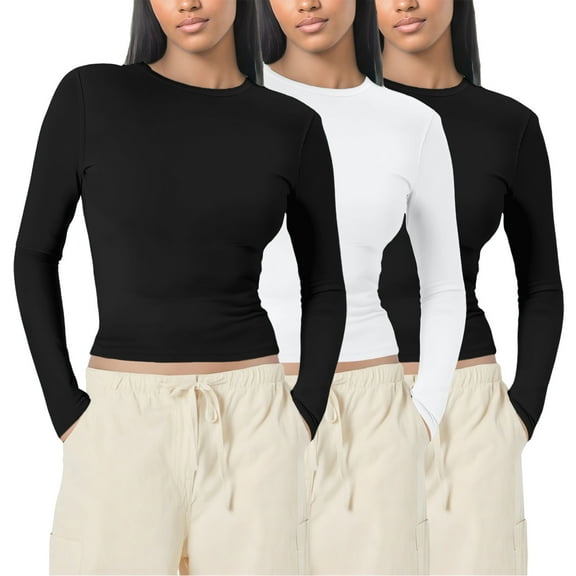 Tiweut Women Casual T-Shirts3 Piece Long Sleeve Basic Short Autumn Fashion Underwear Layer Slim Fit Pullover Solid Color Outwear Blouses,A-Black,XS