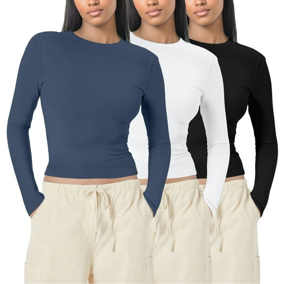 Tiweut Women Casual T-Shirts3 Piece Long Sleeve Basic Short Autumn Fashion Underwear Layer Slim Fit Pullover Solid Color Outwear Blouses,A-Blue,S