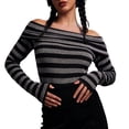 thumbnail image 1 of Tiweut Women Casual Tshirts Off the Shoulder Striped Slim Fit Long Sleeve Square Neck Sexy Lady Tees Black1,L, 1 of 9