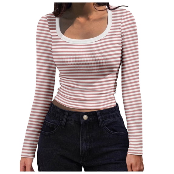 Tiweut Women Casual Tshirts Off the Shoulder Striped Slim Fit Long Sleeve Square Neck Sexy Lady Tees Pink,S