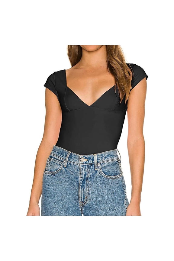 Women Deep V Neck Backless Tank Top Slim Fit Summer Y2k Crop Short Sleeve Top,Black