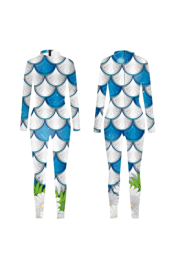Women Fish Scales Long Sleeve Jumpsuit Catsuit Back Zipper Full Body Rompers Bodysuit