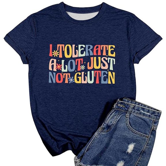 Tiweut Women Leisure TshirtsLetter Colorful Graphic Printed Short Sleeved Round Neck Loose Comfy Pullover Streetwear Tops,A-Navy,XL