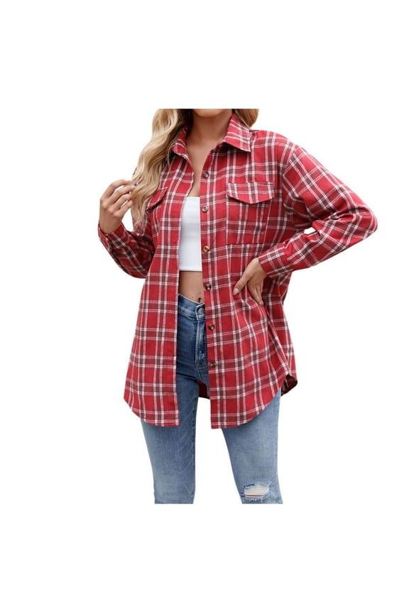 Women Long Sleeve Shirts Button Down Plaid Flannel Lapel Business Blouse